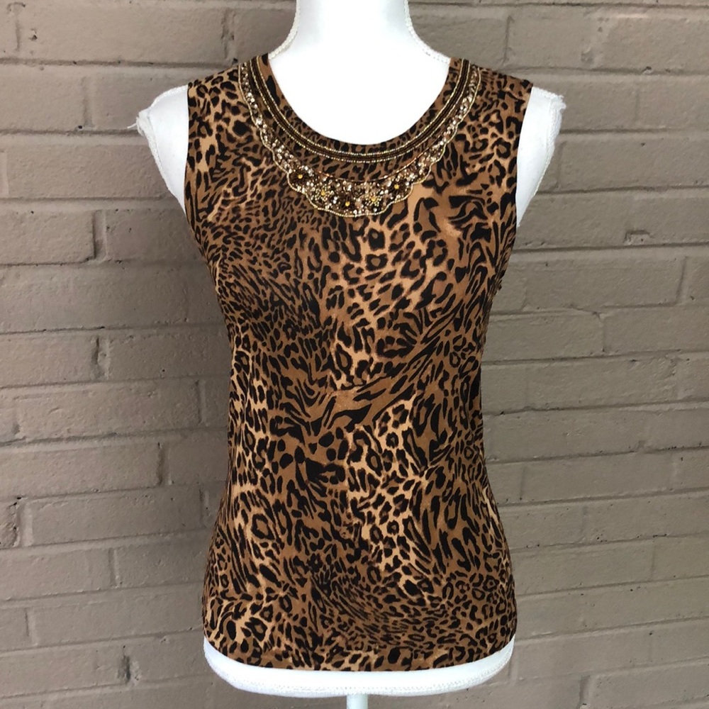 Bloomingdales vintage embellished animal print knit top S - Picture 1 of 8